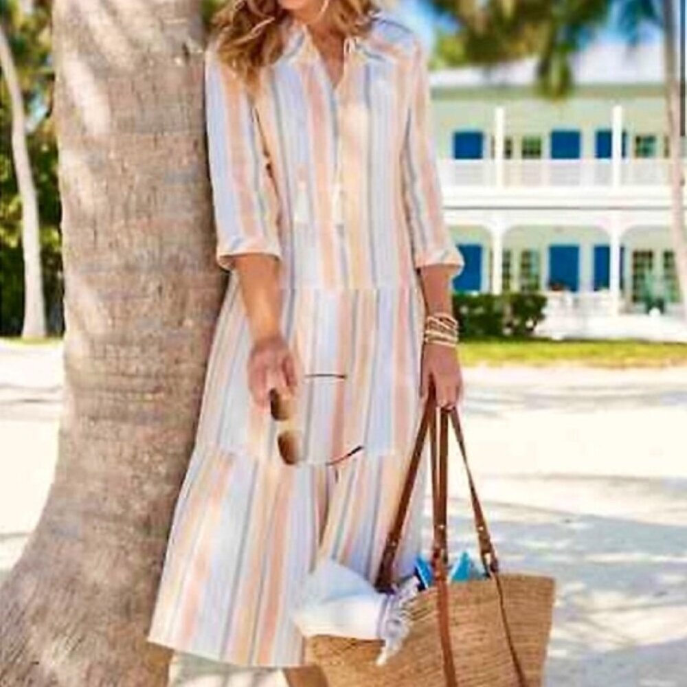 Soft Surroundings Laguna Gauze Stripe Dress Multi Color Petite Small EUC Cotton